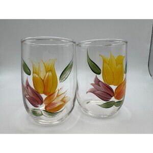 2 Bartlett Collins Gay Fad Handpainted juice glasses Tulips Red yellow 3.25"